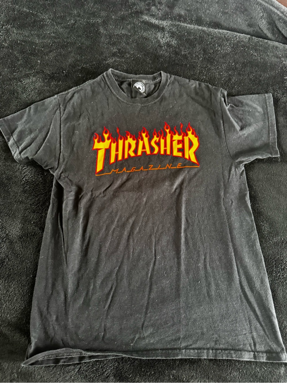 Thrasher Black Tee with Red and Yellow Flame Logo